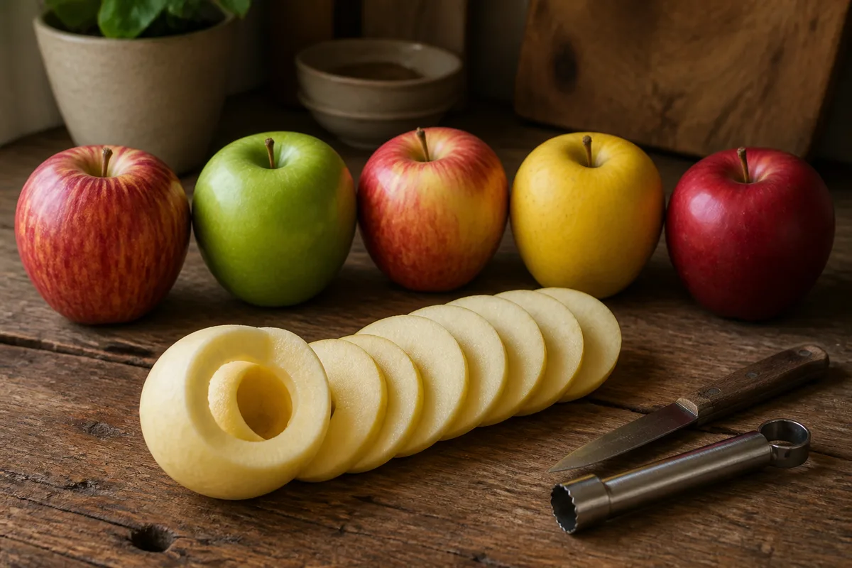 Variétés de pommes fermes posées sur un plan de travail en bois, dont une coupée en rondelles
