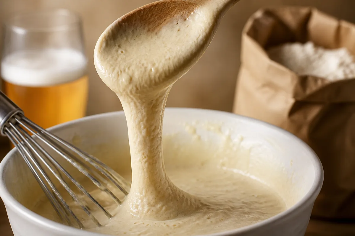 Pâte à beignets versée en ruban continu depuis une cuillère au-dessus d&rsquo;un saladier