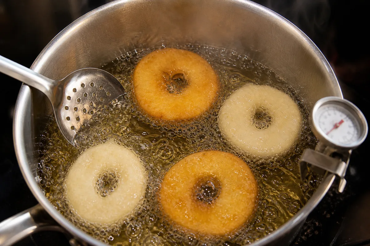 Rondelles de pomme enrobées de pâte en train de dorer dans un bain de friture