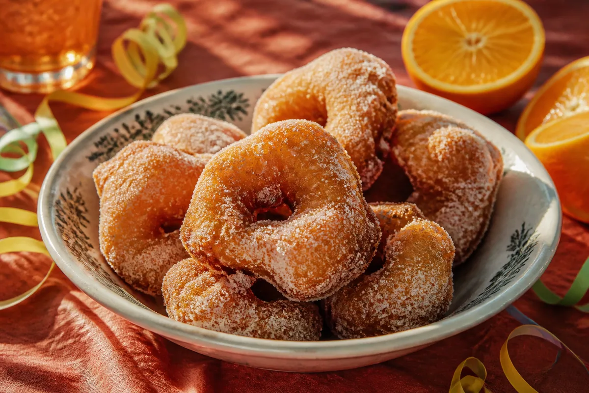 Assiette de beignets aux pommes saupoudrés de sucre glace sur une nappe de fête