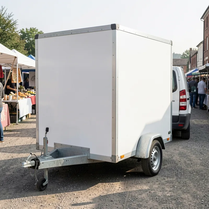 Remorque food truck compacte attelée à un véhicule utilitaire sur un marché de plein air