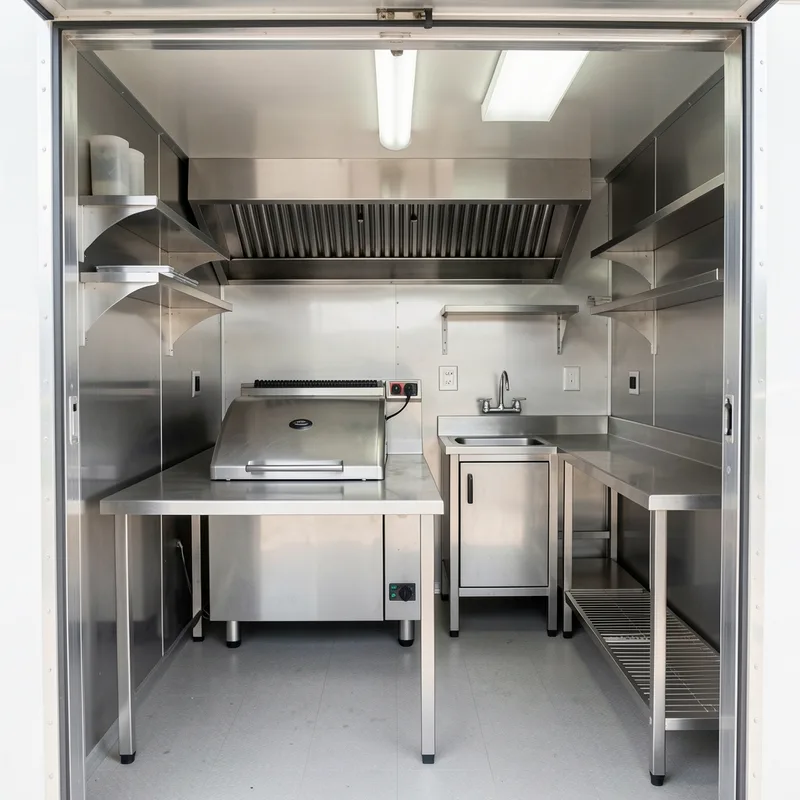 Intérieur inox d&rsquo;une remorque de restauration avec friteuse, hotte et plan de travail