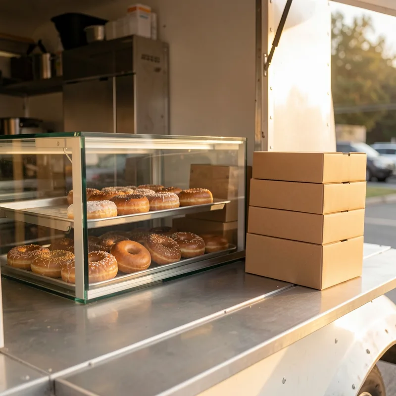 Comptoir extérieur d&rsquo;une remorque de vente ambulante avec vitrine de beignets glacés