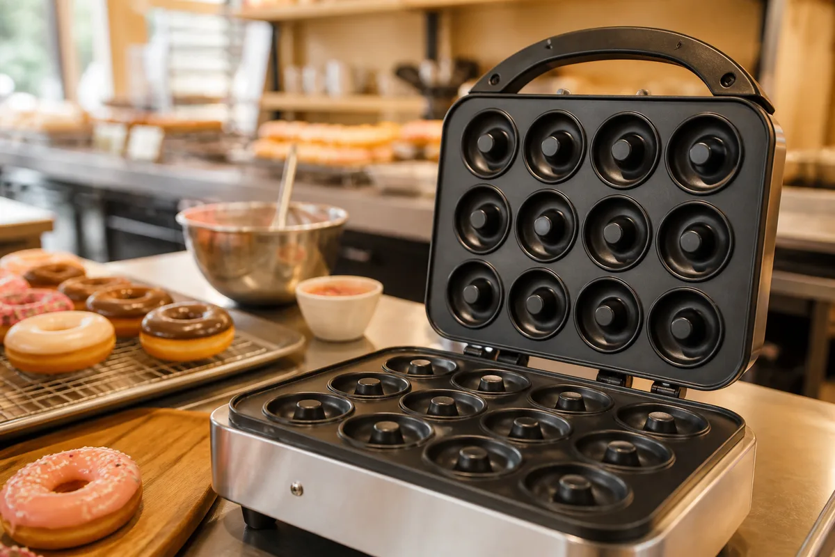 Machine à donuts à plaques ouverte montrant des empreintes en forme d&rsquo;anneau