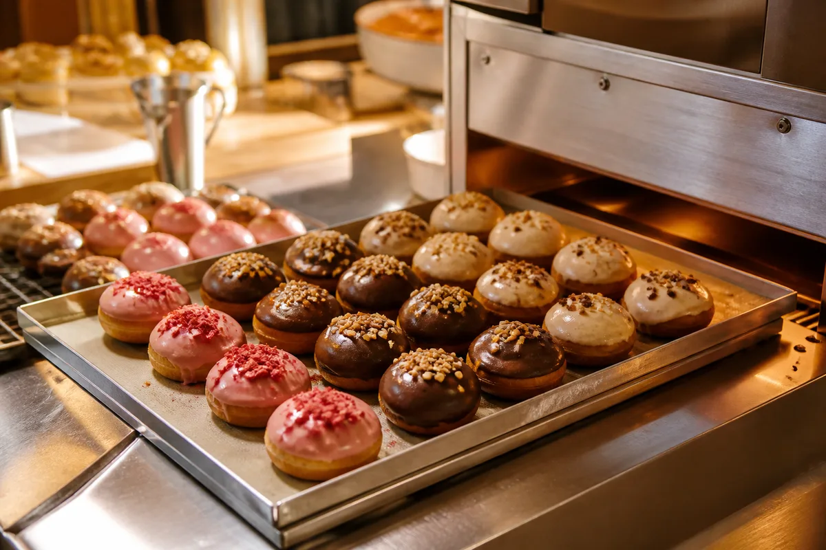 Plateau de donuts cake glacés à la sortie d&rsquo;un appareil de cuisson