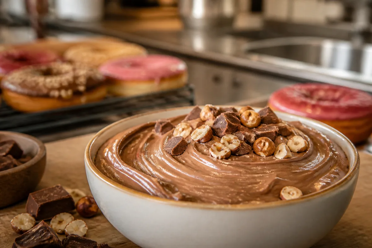 Bol de crème praliné à la noisette avec noisettes torréfiées et chocolat au lait