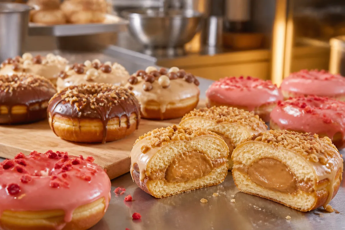 Donuts fourrés coupés en deux laissant apparaître une garniture praliné