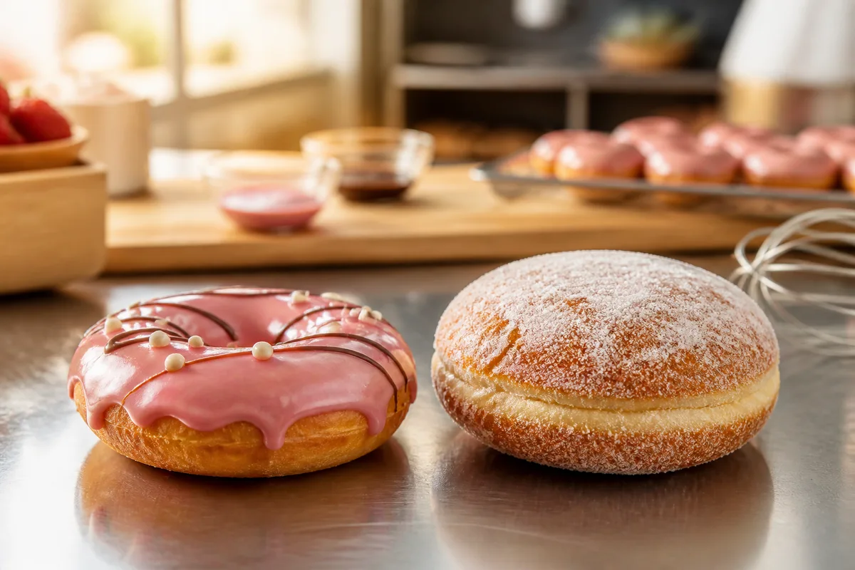 Comparaison entre un donut glacé annelé et un beignet français saupoudré de sucre