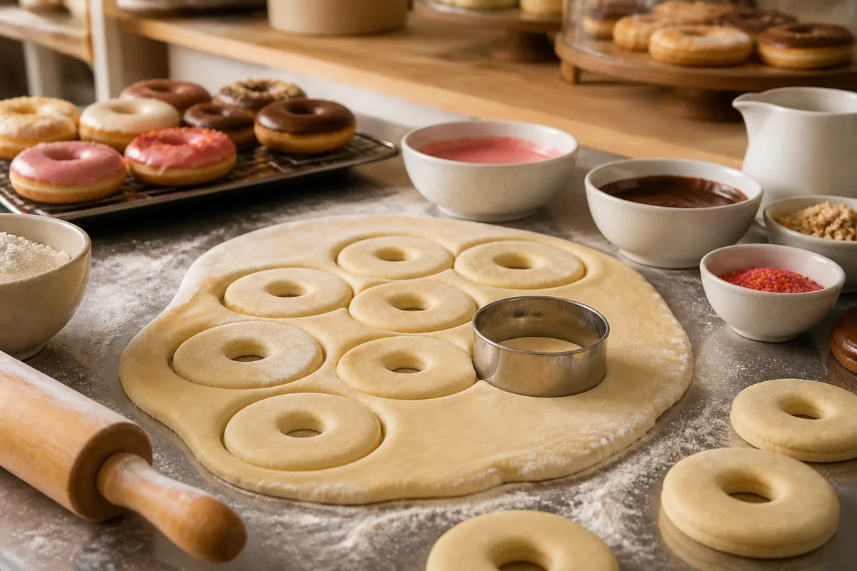 Pâte à donuts levée et découpée à l&rsquo;emporte-pièce sur un plan de travail fariné