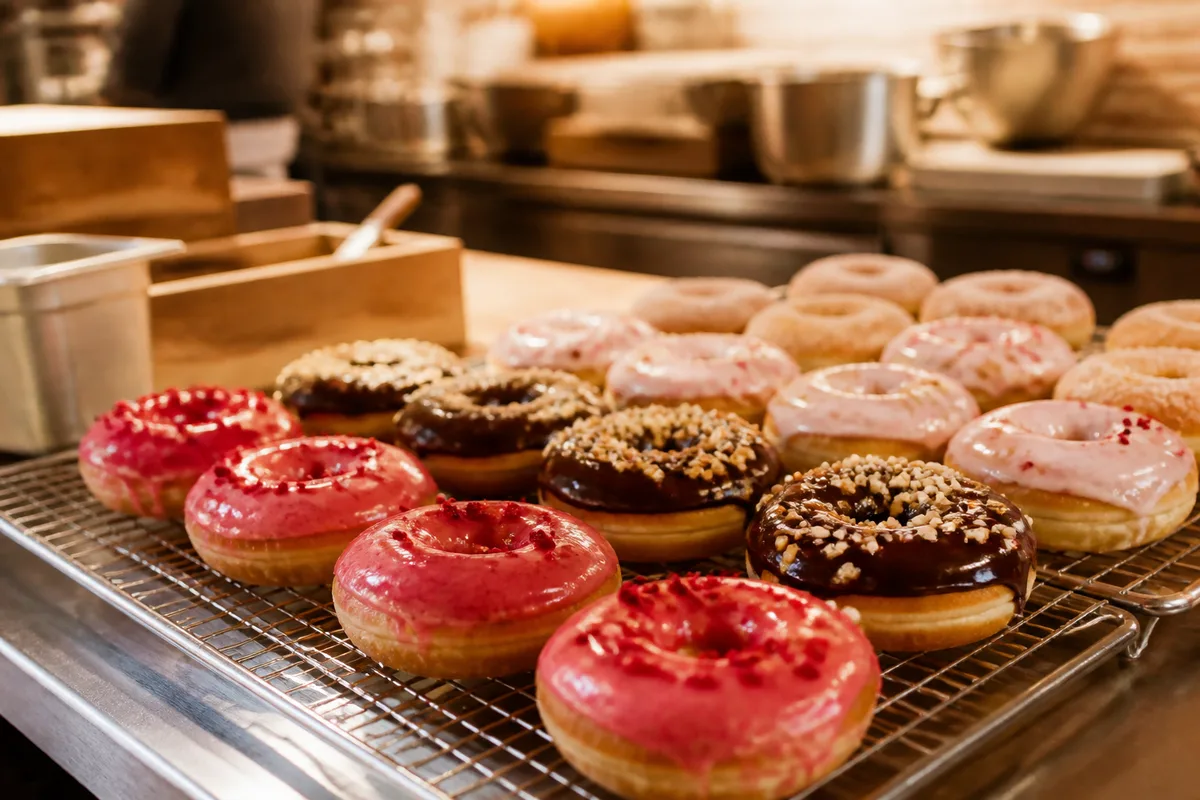 Donuts glacés au sucre et au chocolat posés sur une grille de refroidissement