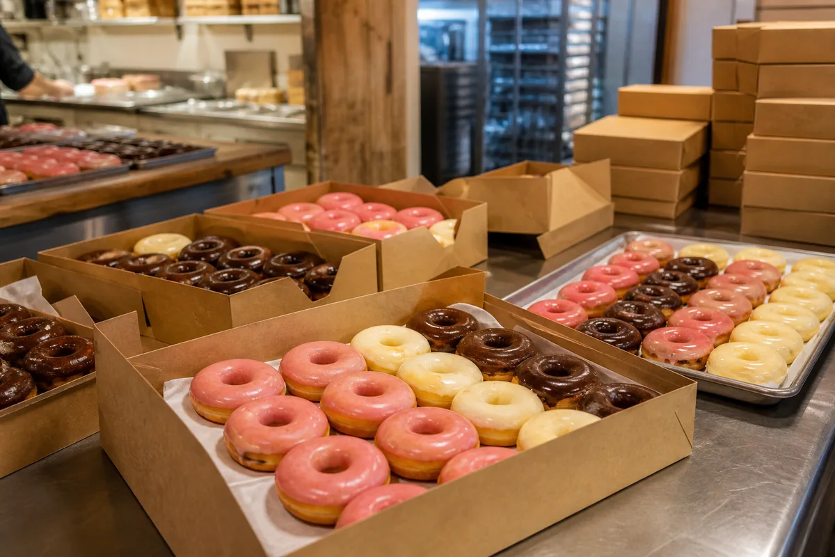 Cartons de donuts glacés conditionnés en entrepôt frigorifique