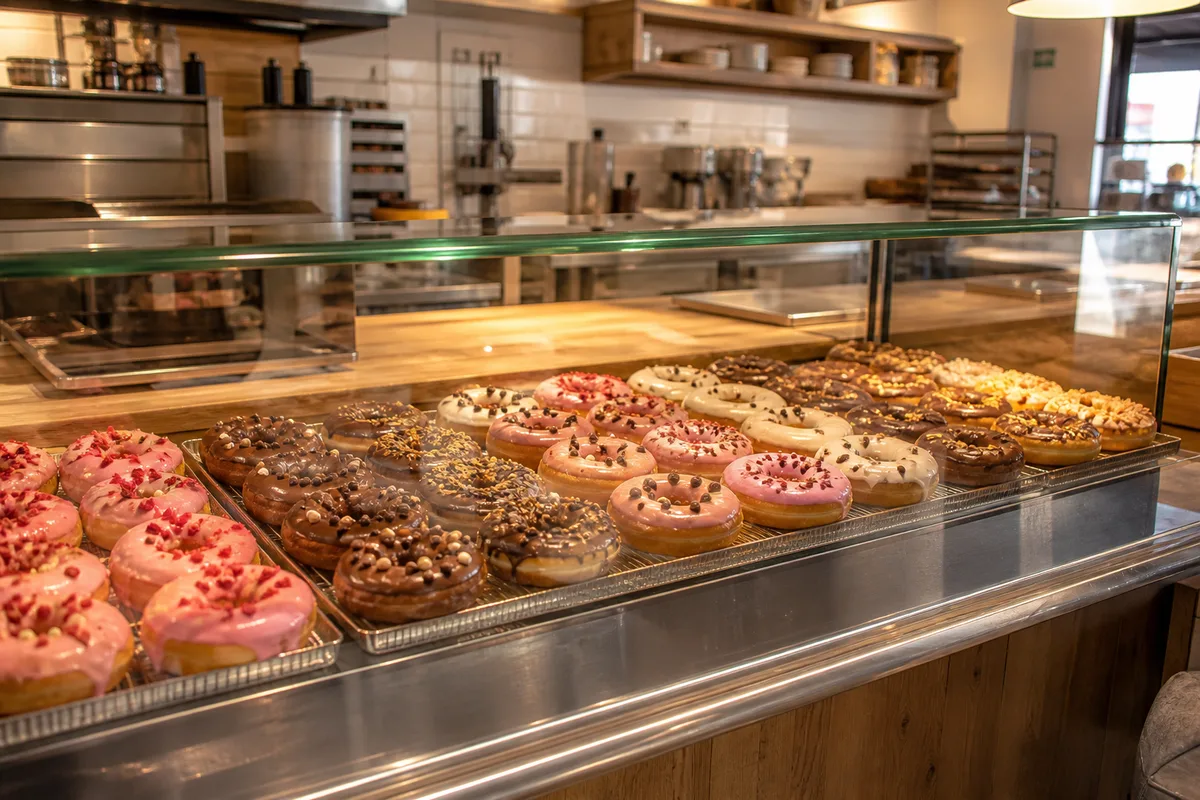 Vitrine réfrigérée présentant des donuts glacés de différentes couleurs