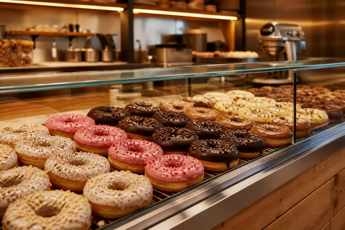 Donuts glacés colorés alignés dans une vitrine de boutique