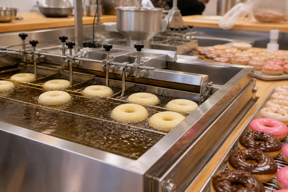 Friteuse à donuts professionnelle en inox avec anneaux de pâte en cours de cuisson