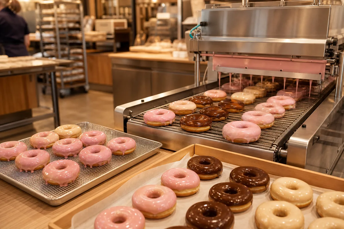 Atelier de production de donuts avec convoyeur et plateaux de pièces glacées