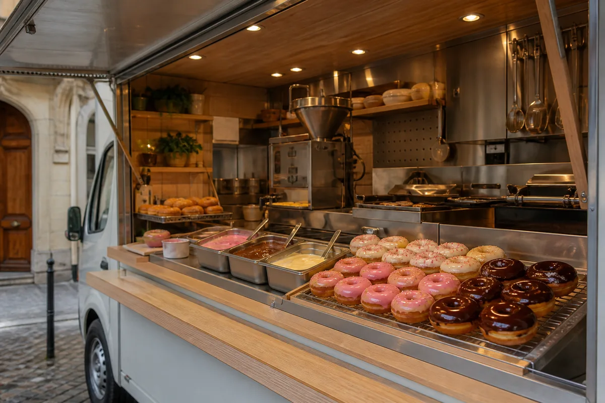 Camion de vente ambulante aménagé pour la préparation de donuts avec comptoir ouvert