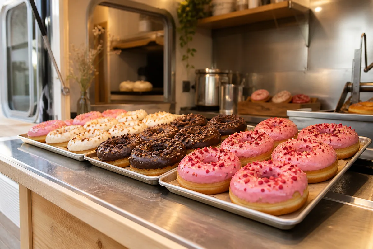 Comptoir de food truck présentant des donuts glacés alignés sur des plateaux